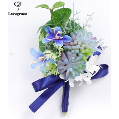 Wedding Wrist Corsage Bracelet Bridesmaids Silk Flowers Groom Boutonniere Pin Men Blue White Wedding Corsage Brooch Accessories