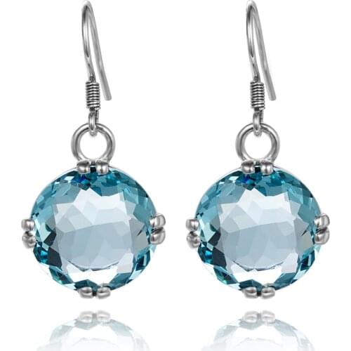 Szjinao Sparkling Aquamarine Earrings For Women Real 925 Sterling Silver Boho Bridal Gemstone Round Viking Fashion Jewelry Gift