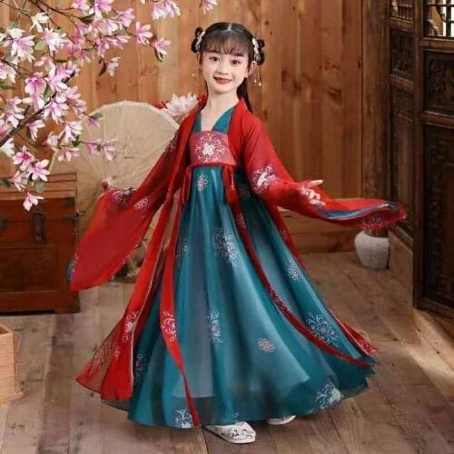 Traditional Ancient Chinese Folk Dance Costumes Girls Children Classical Kids Tang Dynasty Style Dress Chinese Hanfu Clothing