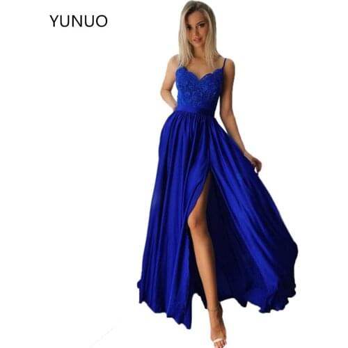YUNUO Royal Blue A-line Evening Dresses Long Spaghetti Straps Lace Satin High Front Slit Prom Gowns Womens Party Dress