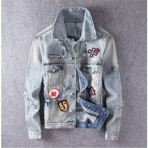 Spring Fashion Mens Denim Jacket Casual Slim Skulls Printed Hip Hop Coats High Quality Retro Light Blue Patches Designer Denim