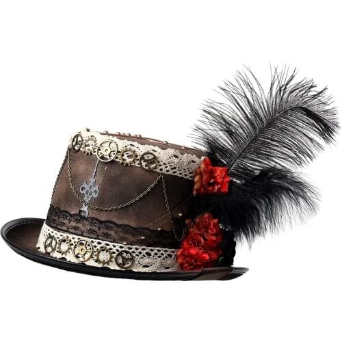 Feather Steampunk Hat Halloween Womens Lace Gear Club Party Top Bowler