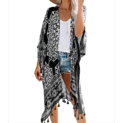 Ladies Fringed Blouse Personality Ethnic Print Seaside Vacation Beach Veil Beach Cardigan Mid-length Loose Casual Womens Coats