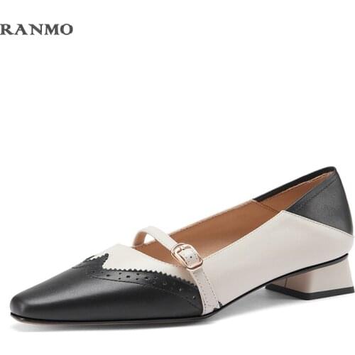 2020 New Square Heel Pointed Toe High Heels Pure Slip-On Genuine Leather Sexy High Heels Occident Style Classic Zapatos De Mujer