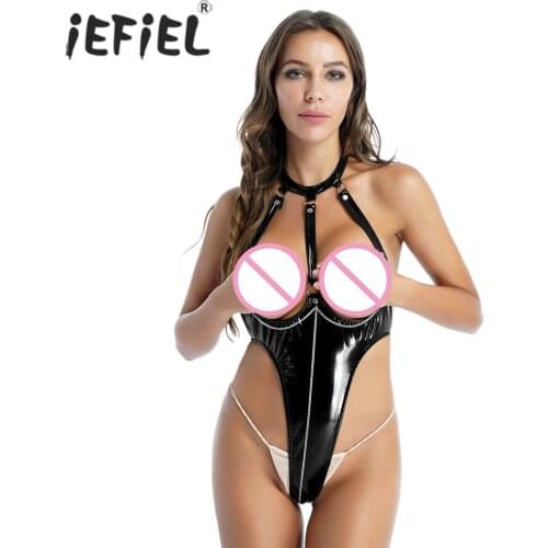 Women Wet Look Cutout Sexy Lingerie Jumpsuit Halter Neck Open Cup Leotard Teddies Sissy Clubwear Backless Lingerie Bodysuit