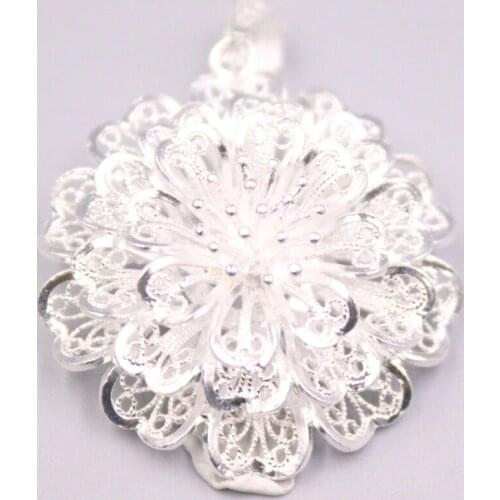 Pure 999 Fine Silver Pendant 40x32mm Hollow Pattern Flower Charms For Woman