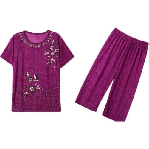 Middle-aged Women Summer Printing Casual 2 Piece Women New Short-sleeved T-shirt + Pants Suit Women Large Size Loose Sports Suit