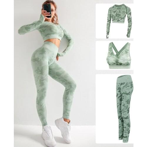 3 Piece Women Sport Set Seamless Camo Sport Leggings Gym Set Fitness Sportswear Workout Suit Running Tops & Pants