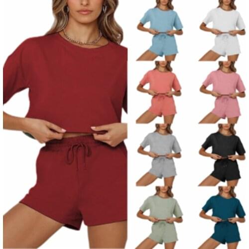 Womens Spring and Autumn round neck short-sleeved pullover T-shirt elastic waist tethered shorts casual sports two-piece suit