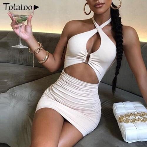 Totatoop Women Sexy Club Party Ruched Bodycon Dress Hollow Out Sleeveless Sundress Backless Halter Orange Black White Vestidos