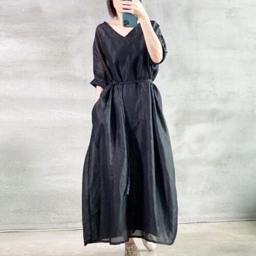 Johnature 2021 Autumn New Simple Leisure V-neck Pockets Half Sleeve Lace Up Dresses Loose Comfortable Women Solid Color Dress