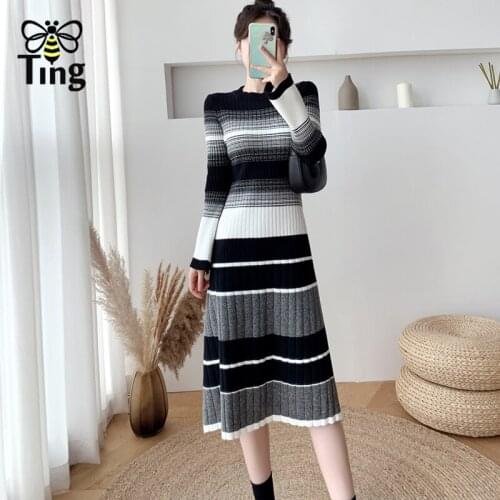 Tingfly Vintage Elegant Striped A Line Knitwear Dress Women Fashion Winter Autmn Warm Long Sleeve Midi Knitting Dress Vestidos
