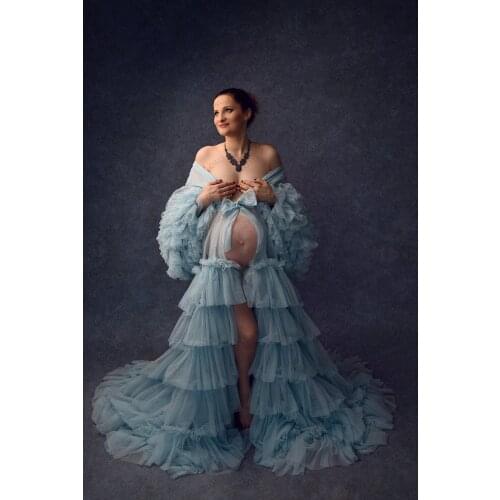 Sexy Bridal Maternity Robes Women Ruffled Short Sleeves Long Sheer Tulle Party Dress With Train For Photo Shoot Ropa de maternid