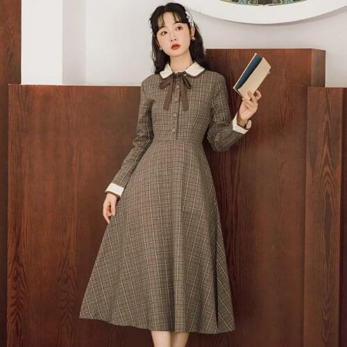 2020 new fashion womens clothing Turn-down Collar Full Plaid Vintage women dress dresses