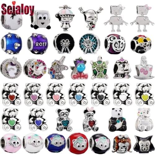 Seialoy Enamel Cartoon Animal Bear Beaded Panda Cat Unicorn Beads Silver Color Charm Fit Diy Bracelets Necklace Jewelry Making