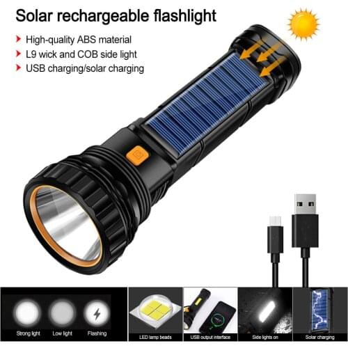 USB/Solar Charging Flashlight Built-in Battery Torch with COB Side Lanterna Waterproof Hand Camping Lamp Emergency Power Bank