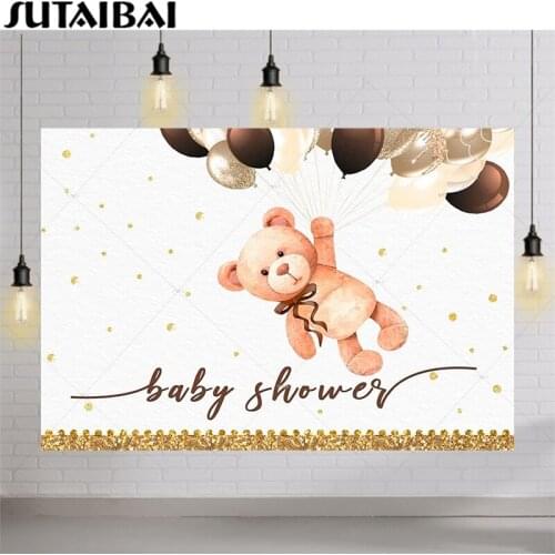 Flying Bear Baby Shower Backdrop Glitter Gold Dots Balloons Welcome Baby Lovely Photography Background Party Decor Photo Booth