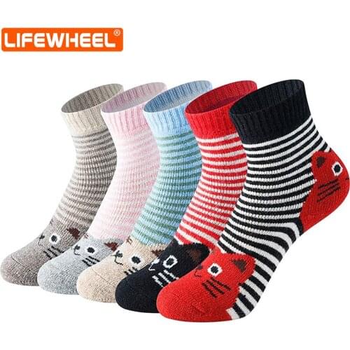 LifeWheel 5 Pairs Childrens Winter Warm Wool Animal Crew Socks Kids Boys Girls Cartoon Socks