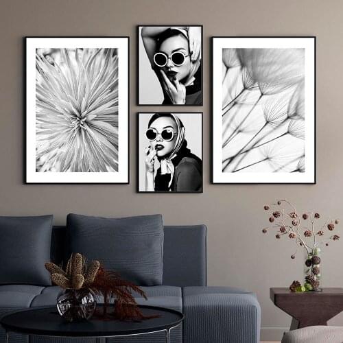 Fashion Wall Art Black White Woman Print Sexy Female Poster Dandelion Canvas Art Beauty Wall Pictures Painting Modern Home Decor