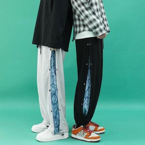 Side Button Sweatpants Men Patchwork Korean Fashion Mens Tracksuit Drawstring Oversized Casual Straight Trousers 2021