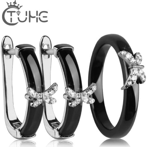 Butterfly Jewelry Sets Ceramic Jewelry With Bling Rhinestone 3mm Smooth Gold Ceramic Rings Stud Earrings for Gift Women