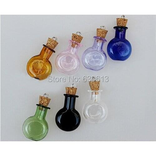 NEW Free shipping 50pcs/lot 20mm 7 color flat round Charm cork glass Bottle Perfume essential oil vial pendant mini glass bottle