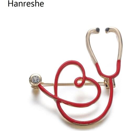 New Medical Medicine Brooch Pins Gold Red Zircon Stethoscope Heart Shaped Pin For Doctor Nurse Backpack Lapel Badge Jewelry Gift