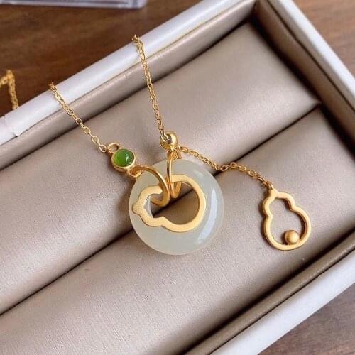 Gift Natural Bottle Gourd Peace Buckle Non-Separation Necklace Pendant S925 Sterling Silver Ancient Silver Hetian White Jade fo