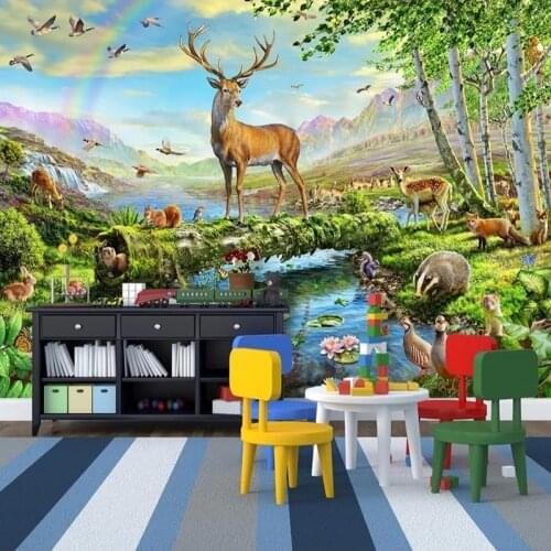 Custom Mural Wallpaper 3D Deer River Animal Forest Landscape Photo Wall Painting Childrens Room Background Wall Papel De Parede