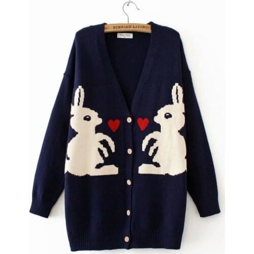 Plus Size 2XL-4XL V-neck Long Sleeved Cardigan Rabbit Crochet Autumn Winter Outerwear