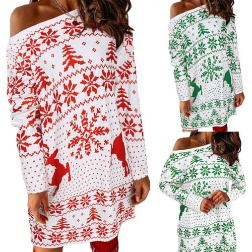 Christmas Ladies Sexy Long Sleeve Dress, Girls Temperament Elk Snowflake Printing Round Collar Knitted Short Skirt