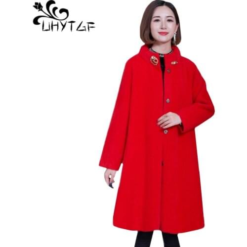 UHYTGF Womens jacket Quality Mink Cashmere Winter wool coat Middle-aged mom elegant woolen coat Casual plus size outerwear 652