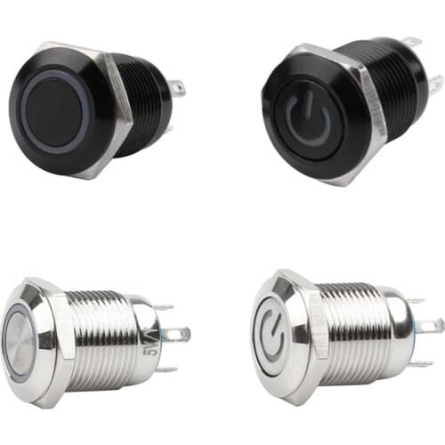 12mm Waterproof Oxidized Black Metal Button Switch with LED Lamp Momentary Latching PC Power Switch 3V 5V 6V 12V 24V 220V