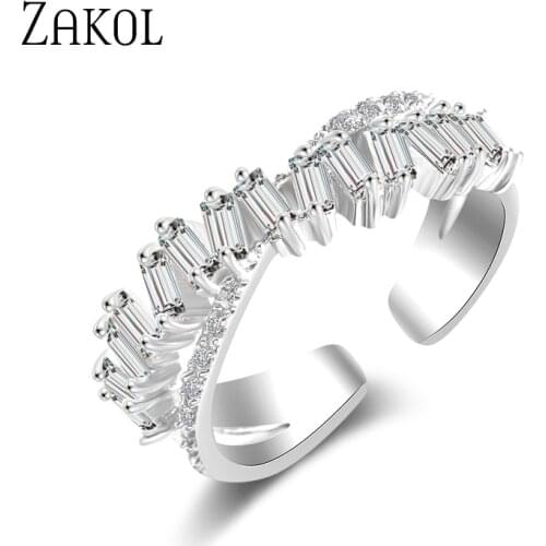 ZAKOL Fashion Multi-layered Baguette CZ Zirconia X Shape Open Rings Cross Adjustable Ring For Women Party Jewelry FSRP222