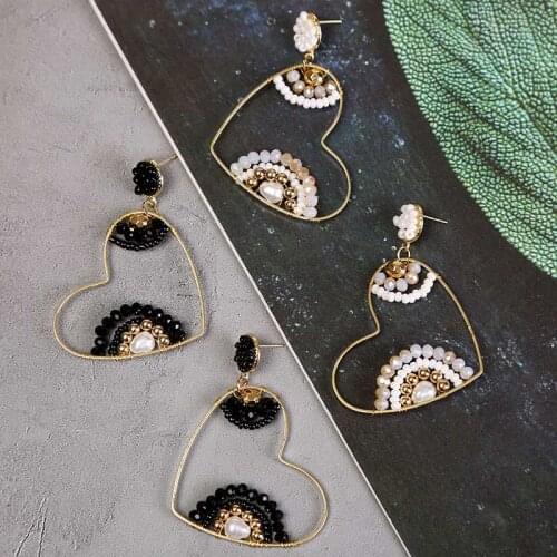 2020 Creative Copper Circle Heart Drop Earrings For Women Fashion Pearl Acrylic Crystal Beads Handmade Dangle Earring Jewelry