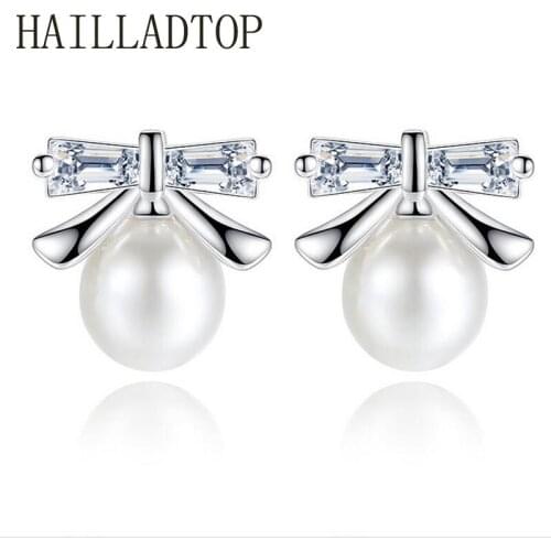 HAILLADTOP Pearls Dazzling Stud Earrings for Women Jewelry Kids Earrings Silver Color Bowknot Crystal Earrings Popular Jewelry