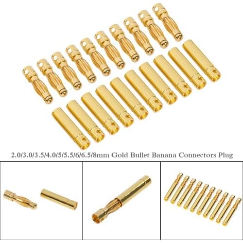 10pair/lot 2.0/3.0/3.5/4.0/5/5.5/6/6.5/8mm Gold Bullet Banana Connectors Plug For Lipo Battery RC ESC Motor Car Truck Toys DIY