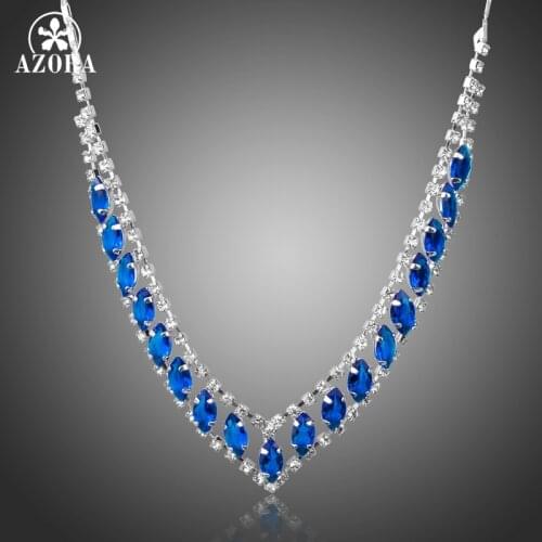 AZORA Fashion Silver Color Jewelry Heart Shape Blue Marquise Cubic Zirconia Pendant Necklaces for Women Wedding Jewelry TN0225