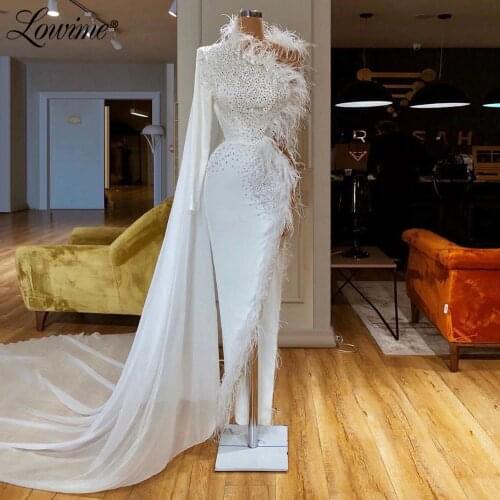 Feather White Evening Dresses One Shoulder Long Split Side Party Dress Vestido De Festa 2019 Middle East Turkish Prom Gown Dubai