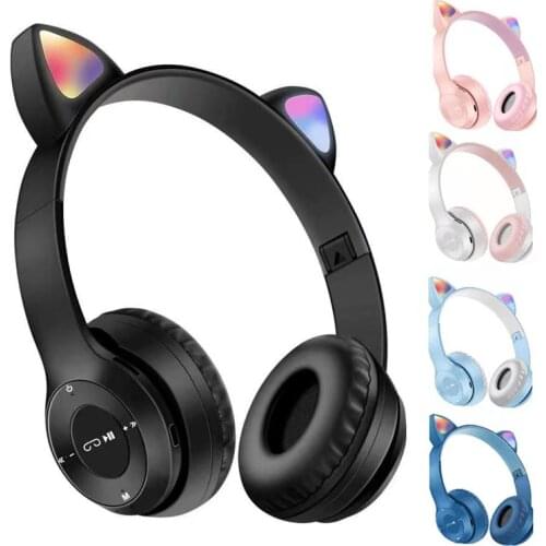 Cute Cat Ears Bluetooth Wireless Headphone With Mic Can Control LED Kid Girl Stereo Music Helmet Phone Headset Gift Hot Sale