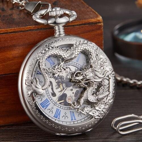 Luxury Silver Mechanical Pocket Watch Dragon Laser Engraved Clock Animal Necklace Pendant Hand Winding Clock Men Fob Watch Chain