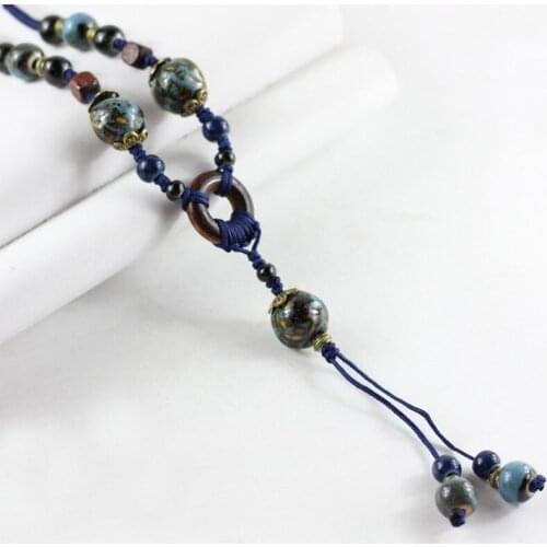 Long Bohemian Rope Chain Ceramic Beads Necklaces Blue Green Red Round Charm Chokers For Women Sweater Vintage Accessories Gifts