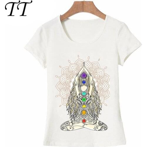 Yo ga woman buddha mandala chakra energy lotus power centers Zen T-Shirt Summer Women Short Sleeve Woman Tops Cute Girl Tees