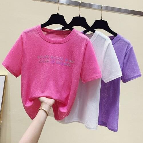 Tees Tops Short Sleeve T shirt Women Tshirt Cotton Korean Style T-shirt Women Clothes Slim Purple White Tee Shirt Femme 2021