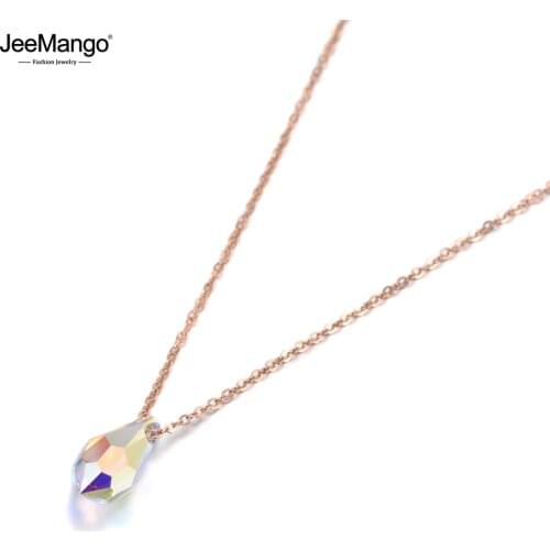 JeeMango Trendy Sparkling Water Drop Crystal Pendant Necklace For Women Rose Gold Titanium Steel Chain Necklace Jewelry JN19131