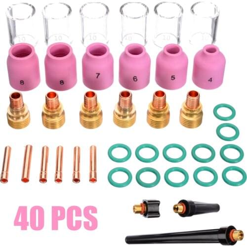 40Pcs Tig Welding Kit Torch Collet Gas Lens Pyrex Glass Cup with O Type Ring For WP-9 WP-20 WP-25 Tig Welding Torch Weld Tool