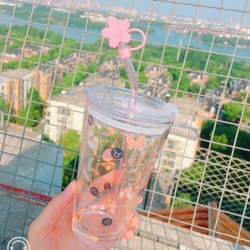 Good-looking Girl Heart Cherry Blossom Glass with Cover Summer Home Flush Milk Constellation Straw Scale Cup Cute Water Bottle
