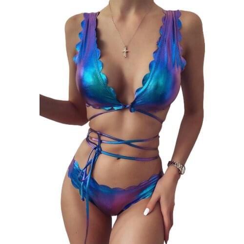 Swimsuit Women’s Sexy Bandage Bikini Suits Leather Pearly Vest Top and Wavy Thong Split Set