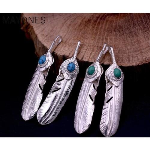 MAYONES Hot Sale Pendant 100% Real 925 Sterling Silver Turquoise Feather Necklace Pendant for Men Women fine jewelry
