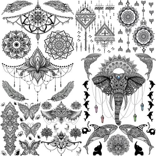 Black Mandala Flower Temporary Tattoos Sticker For Women Sexy Fake Jewelry Chains Tatoos Washable Henna Ganesha Tattoo Pendants